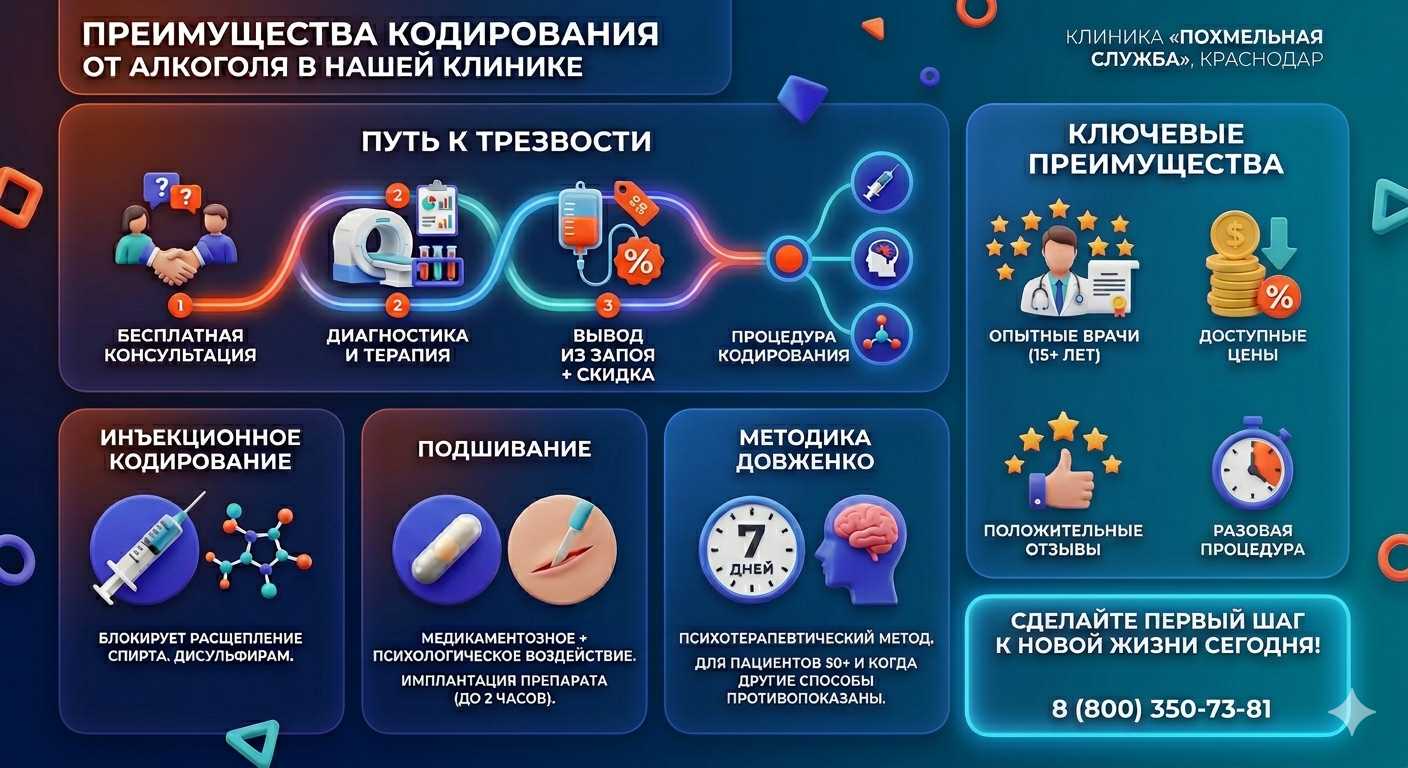 Инфографика о методах кодирования от алкоголя в Прогрессе: инъекции, подшивание, метод Довженко. Преимущества клиники и этапы лечения.