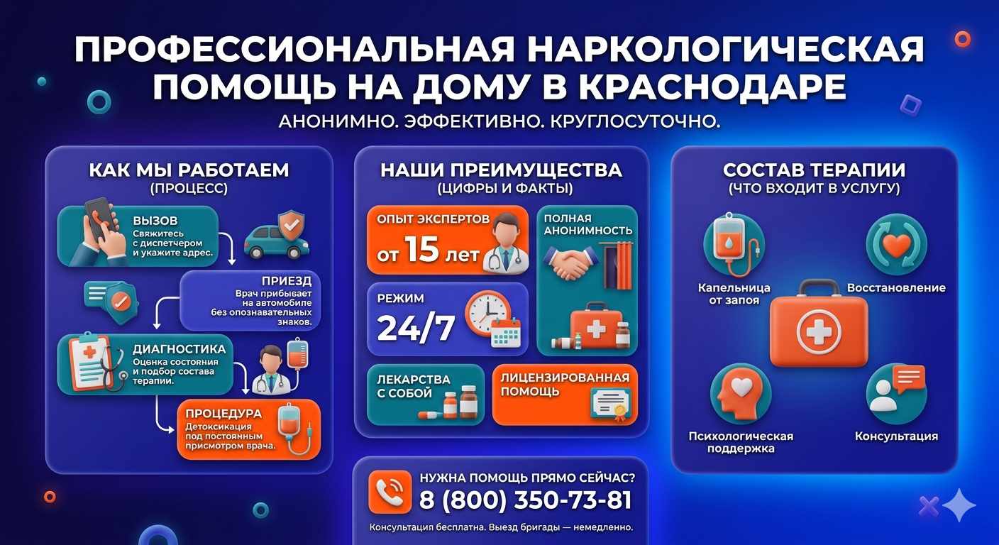 Инфографика о принципах лечения алкоголизма на дому в Прогрессе: этапы вызова нарколога, преимущества анонимной детоксикации и состав медицинской помощи.